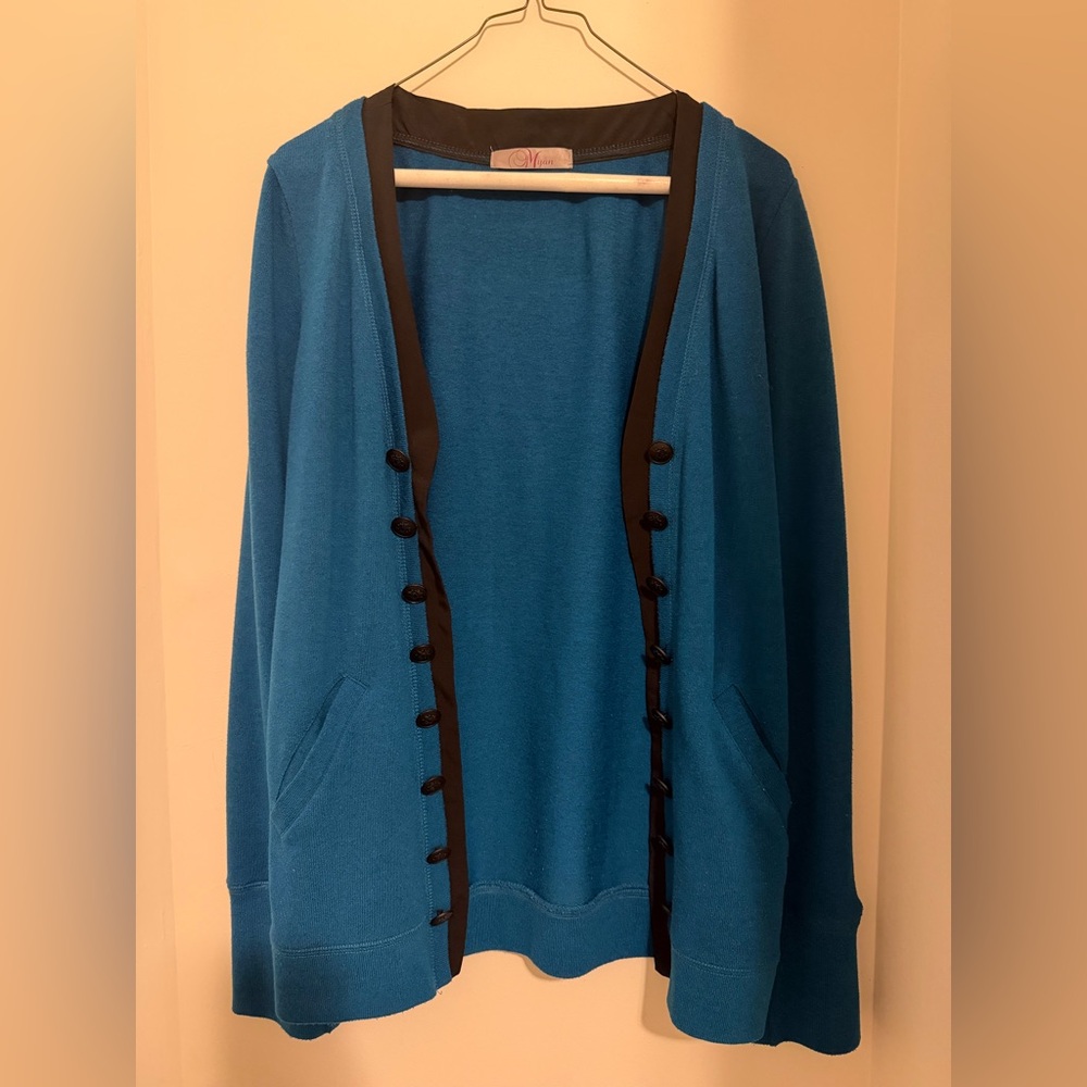 Myan Teal Blue Cardigan w/ Black Trim & Button Detail | Women’s